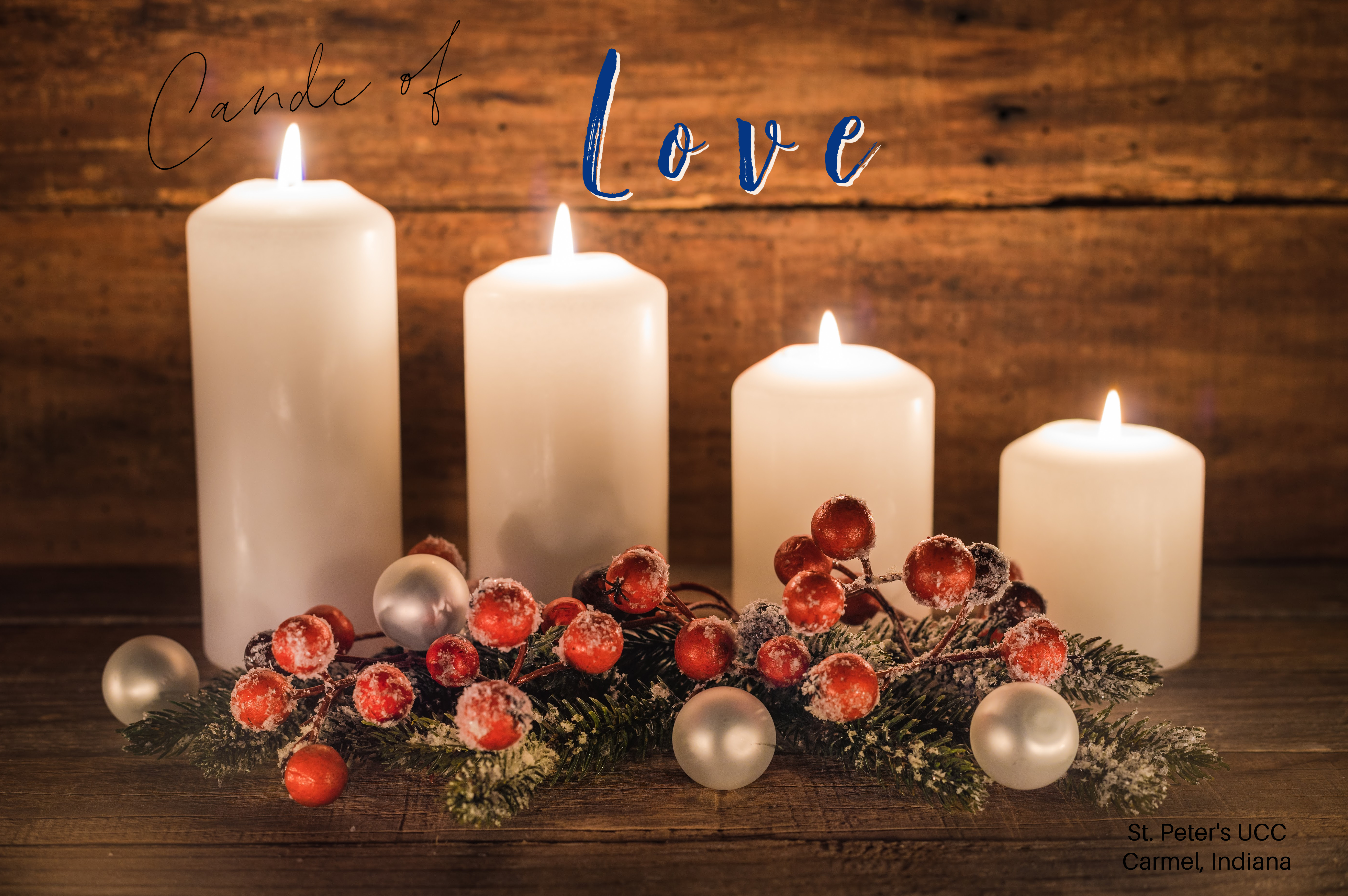 Advent candles - love Four white candles; all four are lit.